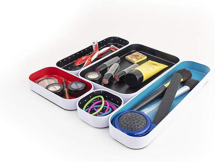 Three by Three Seattle 5 Piece Metal Organizer Tray Set for Storing Makeup, Stationery, Utensils, and More in Office Desk, Kitchen and Bathroom Drawers (1 Inch, Blue Black Red and Dots)