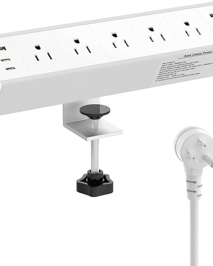 Tecmojo Desk Clamp Power Strip 5 Outlet with 2 USB A and 4 USB C Ports, 6 ft Cord, Desk Outlet Station Fit 1.6" Tabletop Edge,Over Loading Protection,ETL Listed,White