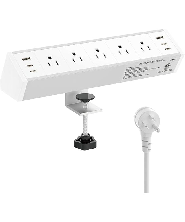 Tecmojo Desk Clamp Power Strip 5 Outlet with 2 USB A and 4 USB C Ports, 6 ft Cord, Desk Outlet Station Fit 1.6" Tabletop Edge,Over Loading Protection,ETL Listed,White