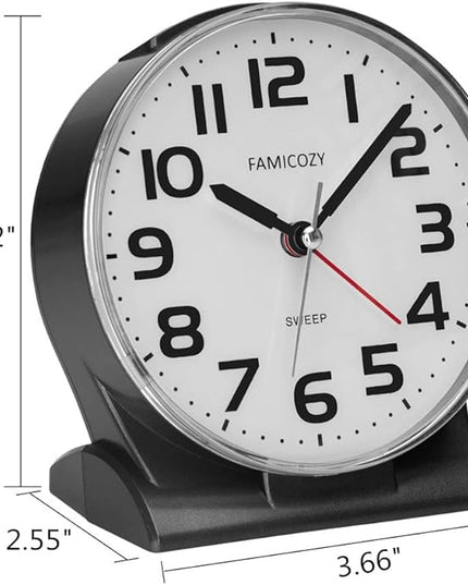 FAMICOZY 4.5" No Ticking Analog Alarm Clock,Silent Readable for Seniors,Easy to Set,Gradual Rise Alarm,Big Numbers,On/Off Switch on Side,Gentle Wake,Snooze Soft Backlight,Battery Operated,Black