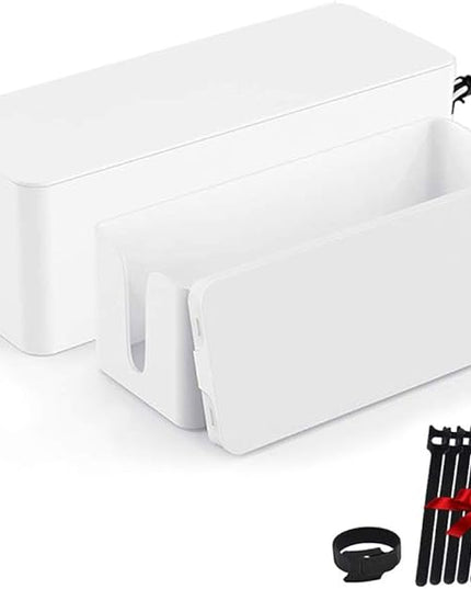 Cable Management Box Organizer, Pack of 2 Wire Concealer to Cover Hide Surge Protector & Power Strip on Desk Floor, with 5 Cord Fastening Tapes for Office, Home, Kitchen (Ice White)