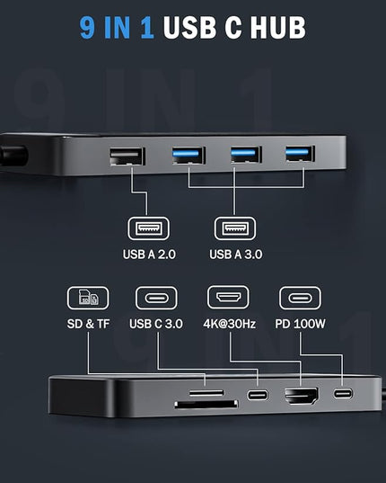 Lemorele 9-in-1 USB C Hub Multiport Adapter, USB C Dongle w/4K HDMI for MacBook Pro Air, 3 USB3.0 5Gbps and 1 USB2.0 Port, Type-C 3.0, 100W PD, SD/TF, Docking Station for Windows/iPad/Dell/HP/Lenovo