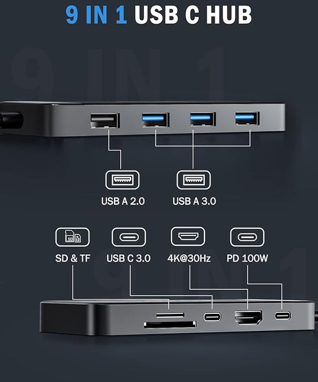 Lemorele 9-in-1 USB C Hub Multiport Adapter, USB C Dongle w/4K HDMI for MacBook Pro Air, 3 USB3.0 5Gbps and 1 USB2.0 Port, Type-C 3.0, 100W PD, SD/TF, Docking Station for Windows/iPad/Dell/HP/Lenovo