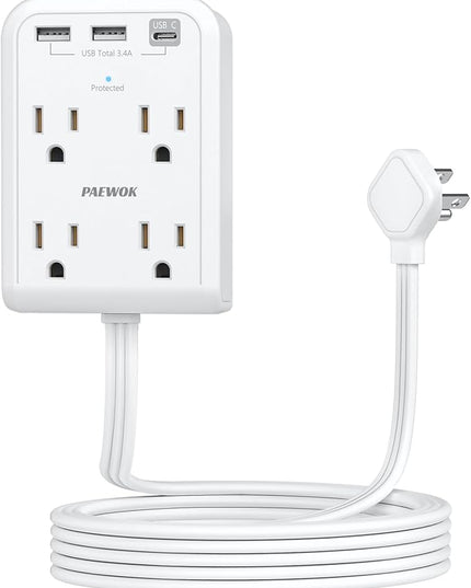 Flat Plug Outlet Extender with 3 USB Wall Plug(1 Type C), 4 AC Socket Wall Adapter, Electrical Outlet Extender, Power Strip Surge Protection with 8 ft Thin Extension Cord. White