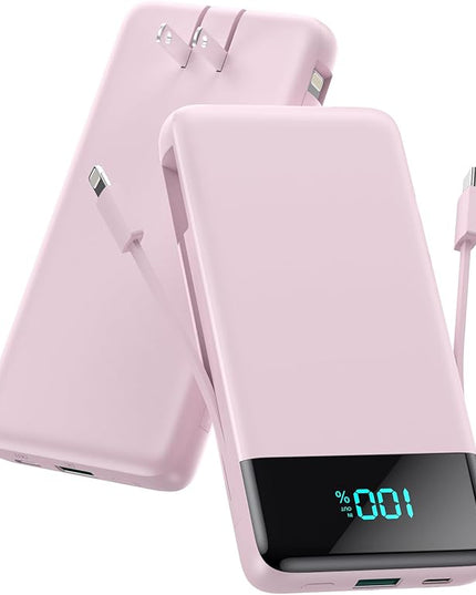 Portable Charger for iPhone with Built in Cables and Wall Plug,Upgraded 13800mAh Fast Charging USB C Power Bank,4 Outputs Travel Essential Battery Pack Compatible with iPhone 17/16/15/14,Samsung-Pink