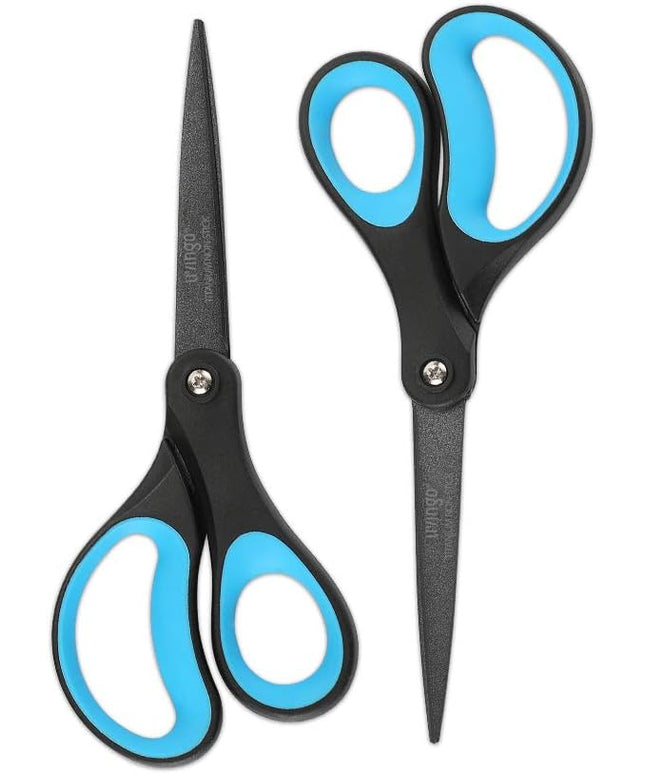 LIVINGO 2 Pack 8" Titanium Non-Stick Scissors, Professional Stainless Steel Comfort Grip, All-Purpose, Straight Office Craft Scissors for DIY(Blue/Black)