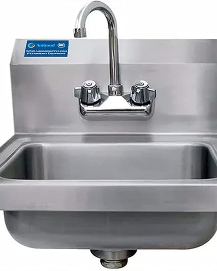 Express KitchQuip Commercial Hand Wash Sink – 15" x 17" Wall Mounted Stainless Steel Basin with Gooseneck Faucet | NSF Certified