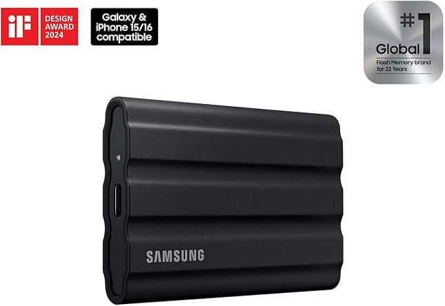 Samsung T7 Shield 2TB, Portable SSD, up-to 1050MB/s, USB 3.2 Gen2, Rugged,IP65 Water & Dust Resistant, for Photographers, Content Creators and Gaming, Extenal Solid State Drive (MU-PE2T0S/AM), Black