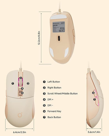 EWEADN G309 Wired Mouse, 7-Button Ergonomic Computer Corded Mouse with 2400 DPI, 4 Adjustment Levels DPI, Optical Office USB Mice with 5FT Cord for Laptop, PC, Desktop, MacBook-Pink