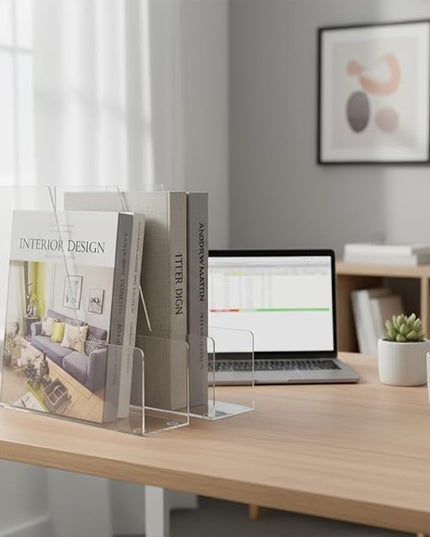 Vertical File Holder, 2 pack Plastic Magazine Organizer, Multi-purpose Document Organizer for Home Office (Clear)