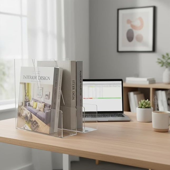 Vertical File Holder, 2 pack Plastic Magazine Organizer, Multi-purpose Document Organizer for Home Office (Clear)