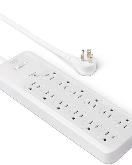 Amazon Basics 12-Outlet Surge Protector Power Strip, 4000 Joules, 8ft Extension Cord, Rectangle, for Home, Office, Gaming Room, White
