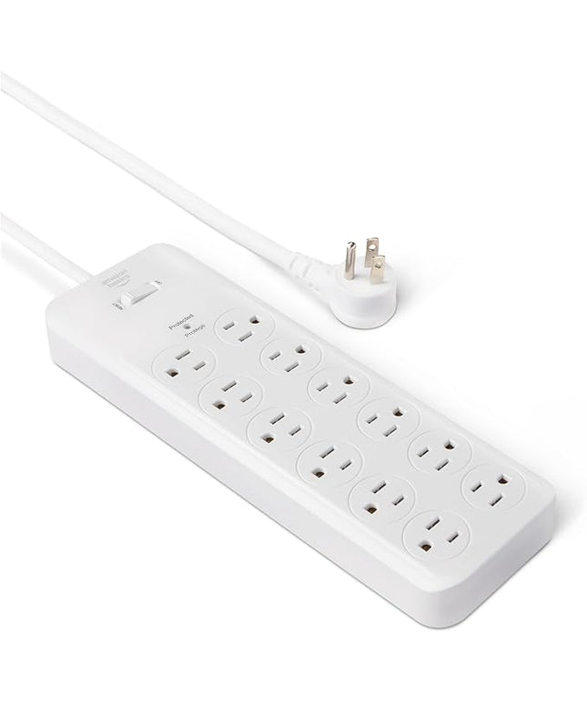 Amazon Basics 12-Outlet Surge Protector Power Strip, 4000 Joules, 8ft Extension Cord, Rectangle, for Home, Office, Gaming Room, White