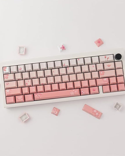 Tsungup PBT Keycaps Cherry Blossom Keycap Set - Custom Side Printed Pink Keycaps,135 Keys Gradient DoubleShot Sakura Key caps Cherry Profile Keyboard Key caps for Mechanical Keyboards
