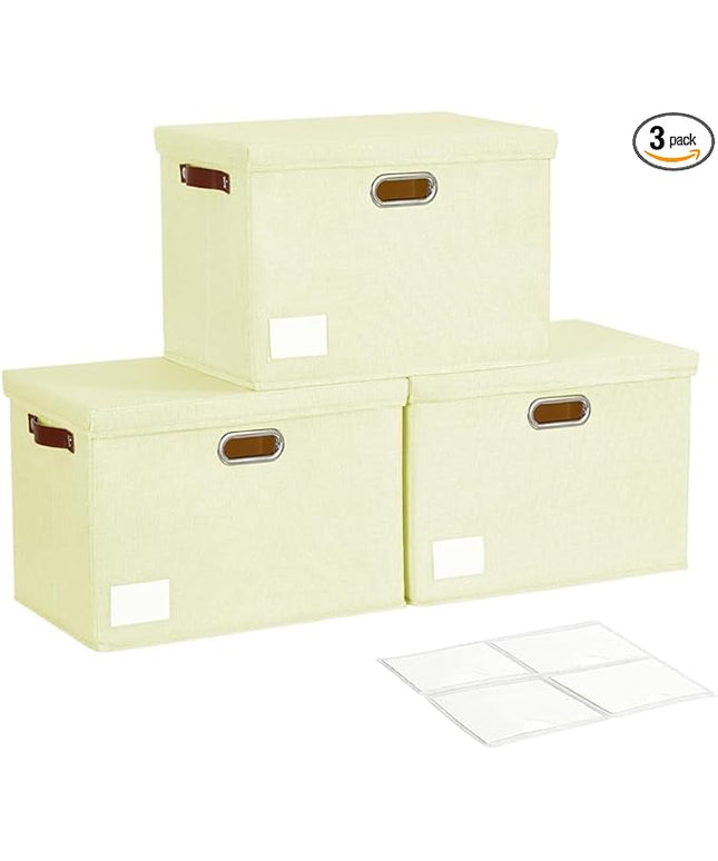 17" Large Collapsible Storage Bins with Lids, Stackable Closet Organizers with PU Handle and Labels, 3-Pack Decorative Fabric Storage Boxes for Home, Bedroom, Closet, Office, Nursery(Beige)