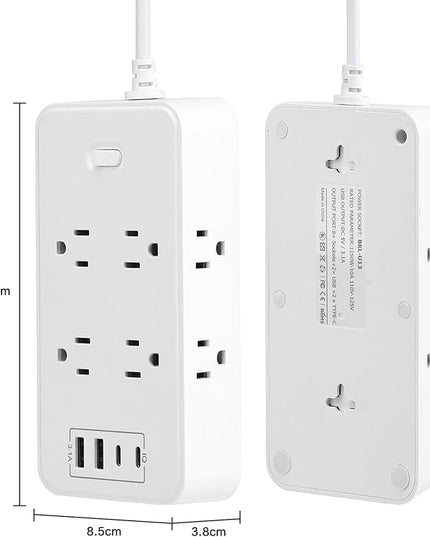 10FT Power Strip Extension Cord Surge Protector with 8 Outlets and 2 USB & 2 USB-C Port(5V 3.1A),Bold Extension Cord with Fuse Surge Protected Power Strip for Home Office (White)