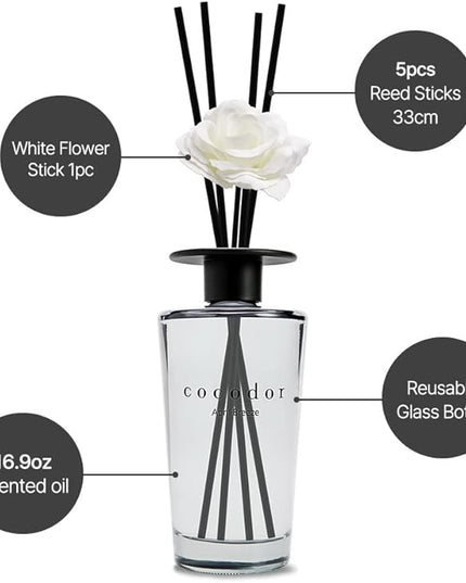 COCODOR White Flower Reed Diffuser / April Breeze / 1 Pack / Home & Office Decor Aromatherapy Diffuser Oil Gift Set / Large Size, Large Capacity, Big Size Diffuser, Black Edition/16.9Ounce(500 ml)