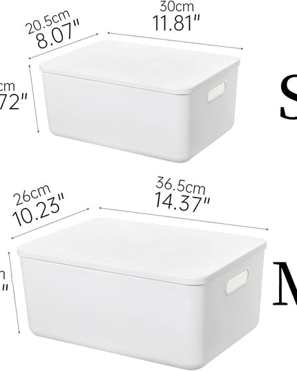Plastic Storage Baskets Bins Boxes With Lids,Organizing Container White Storage Organizer Bins For Shelves Drawers Desktop Playroom Classroom Office,6-Pack(4M+2S)