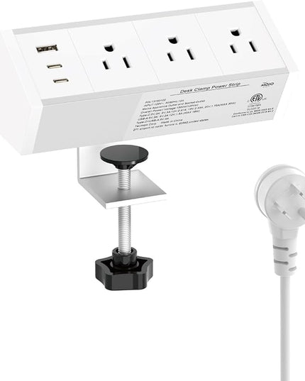 Tecmojo Desk Clamp Power Strip 3 Outlet with 1 USB A and 2 USB C Ports, 6 ft Cord, Desk Outlet Station Fit 1.6" Tabletop Edge,ETL Listed,White