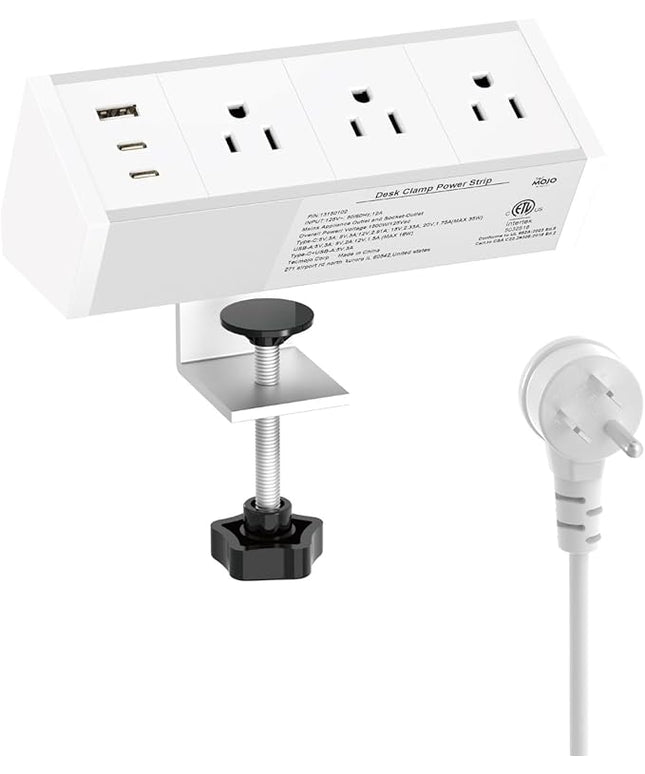 Tecmojo Desk Clamp Power Strip 3 Outlet with 1 USB A and 2 USB C Ports, 6 ft Cord, Desk Outlet Station Fit 1.6" Tabletop Edge,ETL Listed,White