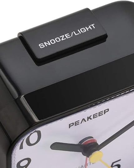 Peakeep Small Battery Operated Analog Travel Alarm Clock Silent No Ticking, Lighted on Demand and Snooze, Beep Sounds, Gentle Wake, Ascending Alarm, Easy Set (Black)
