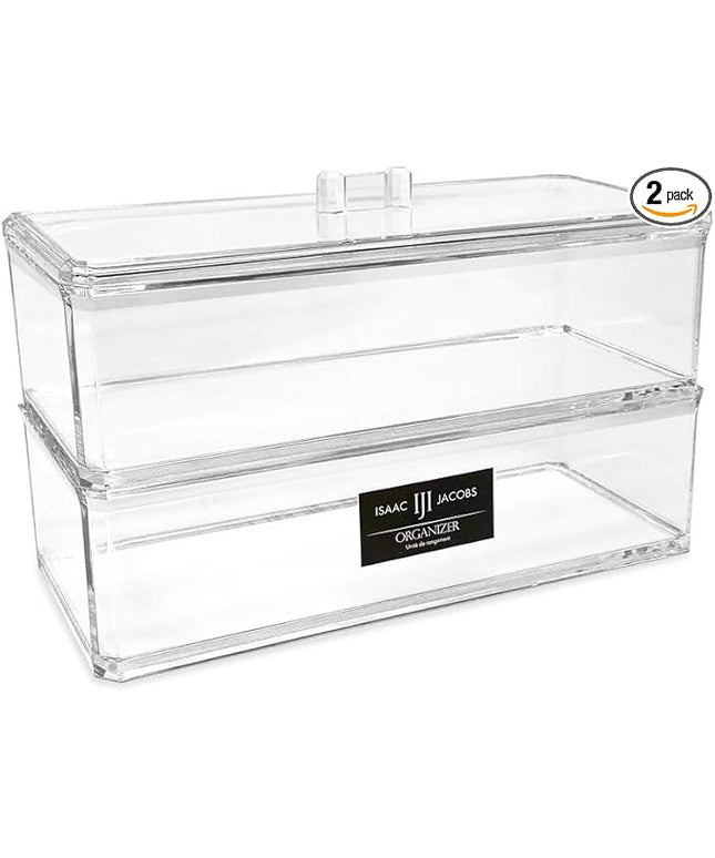 Isaac Jacobs Clear Acrylic Rectangular Stackable (2-Pack) Storage Organizer with Lid, Drawer Tray, Multi-Functional Tray, Bathroom, Kitchen, Home, Office, Desk, Drawers