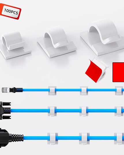 100 PCS White Adhesive Cable Clips Cord Organizer (Small, Medium,Large),Wire Holder for Cable Management, Outdoor Light Clips Light Hooks for LED String,Car Dash Cam, Extension Cord (White)