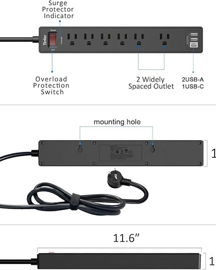 15Ft Power Strip Surge Protector - Yintar Extension Cord with 6 AC Outlets and 3 USB Ports for Home, Office, Dorm Essentials, 1680 Joules, ETL Listed, Black