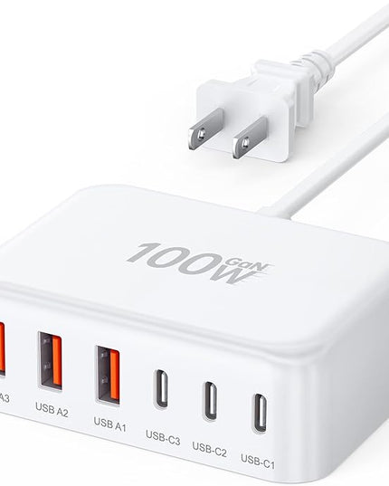 USB C Fast Charger, 100W GaN 6 Port Type USB C Charging Station Hub Block Cube, USB C Wall Charger Power Strip Adapter Plug for iPad iPhone 17 16 15 14 13 12 Pro Max Pixel Note Galaxy, 5ft Cord
