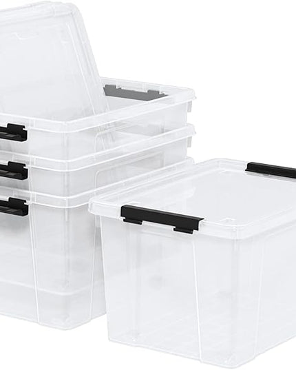 22 Quart Stackable Plastic Storage Bins with Lids and Latching Buckles, 4 Pack Tubs Boxes Organizing, Clear