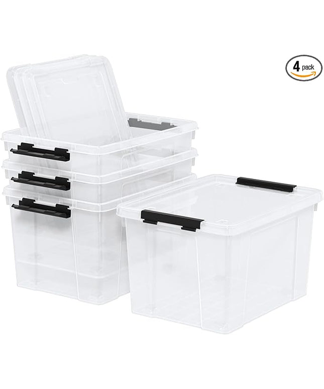 22 Quart Stackable Plastic Storage Bins with Lids and Latching Buckles, 4 Pack Tubs Boxes Organizing, Clear