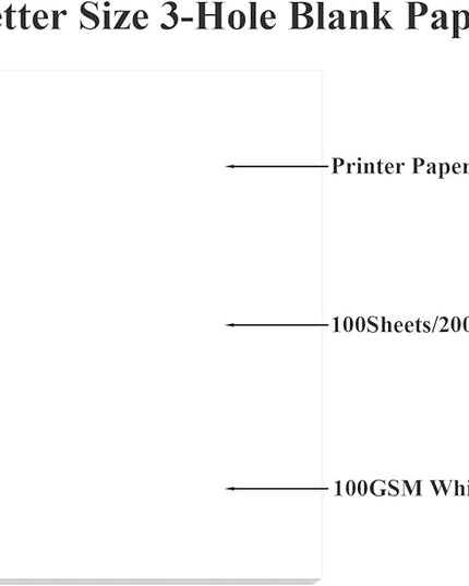 A4 Blank Filler Paper, 3-Hole Blank Paper, 100Sheets / 200Pages Loose-Leaf Paper, 100gsm White Paper, 8.5'' x 11''