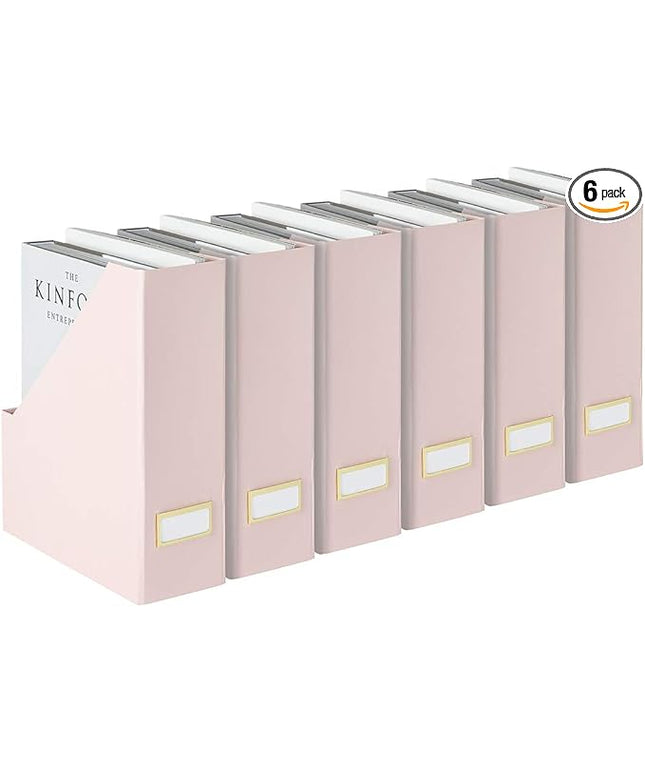 BLU MONACO Set of 6 Foldable Pink Magazine Holder with Gold Label Holders – Cute Stylish Magazine Storage for Shelves, and Closets – Book Bins, File Desk Organizer, and Document Storage