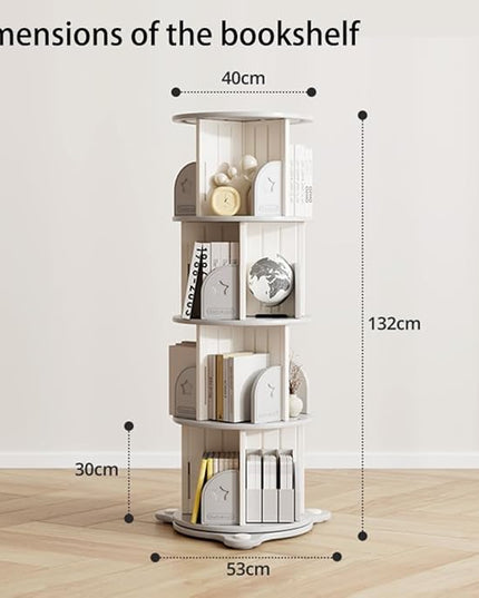 4 Tier Rotating Bookshelf, 360°Spinning Bookshelf Tower Book Display Stand, Corner Bookcase Organizer for Classroom/Bedroom/Living Room/Reading Nook (White-4Tier)