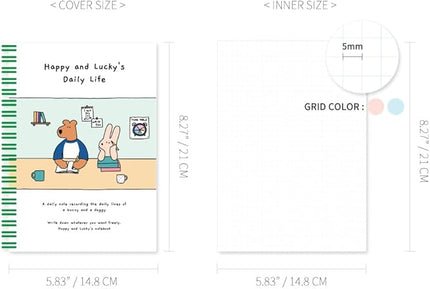 Monolike Happy and Lucky A5 Grid Spiral Notebook, Study time - Hardcover 5.83 x 8.27inch 128 Page,120GSM Thick paper