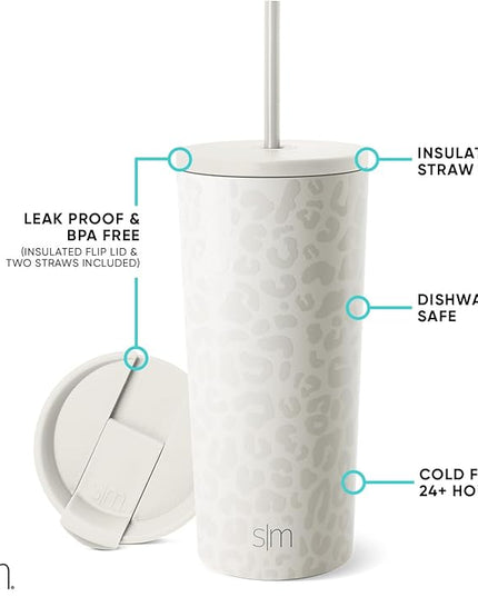 Simple Modern Insulated Tumbler with Lid and Straw | Iced Coffee Cup Reusable Stainless Steel Water Bottle Travel Mug | Gifts for Women Men Her Him | Classic Collection | 20oz | Cream Leopard