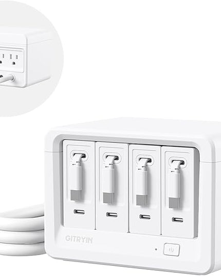 Gitryin 12-in-1 Desktop Charging Station with 4 Retractable Wall Chargers, 40W USB-C Power Strip with 4 AC, 4 USB C, 4 Type-C 33.5in Cables, Extension Cord with 1020J Surge Protection for Home Office