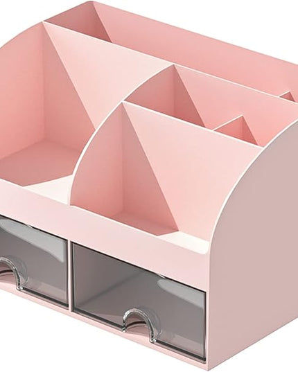 COMFYROOM Desk Organizer with 6 Compartments and 2 Drawers, Plastic Makeup Organizer, Pen Holder for Desktop Storage, Desk Organization for School, Home, Office Supplies (Pink)
