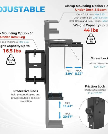 Suptek Clamp-on Desk or Desk Leg PC Mount,Adjustable Height and Width,CPU Under Desk Table Beam PC Mount Bracket Computer Tower Wall and Under Counter Holder