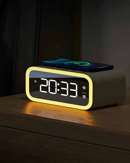 AYI 4in1 Smart Wireless Charging Alarm Clock with Mirror Display | 15W Fast Charger for Phone & Earbuds, 3 Group Alarms, Warm White/Yellow Night Light, Temperature Display Extra USB Port-White