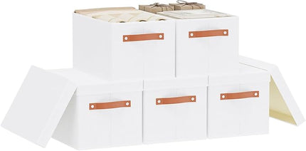 Storage Boxes with Lids, 15 x 9.8 x 8.3 Inch Storage Baskets for Shelves, Decorative Closet Organizers with Handles, White, 5-Pack