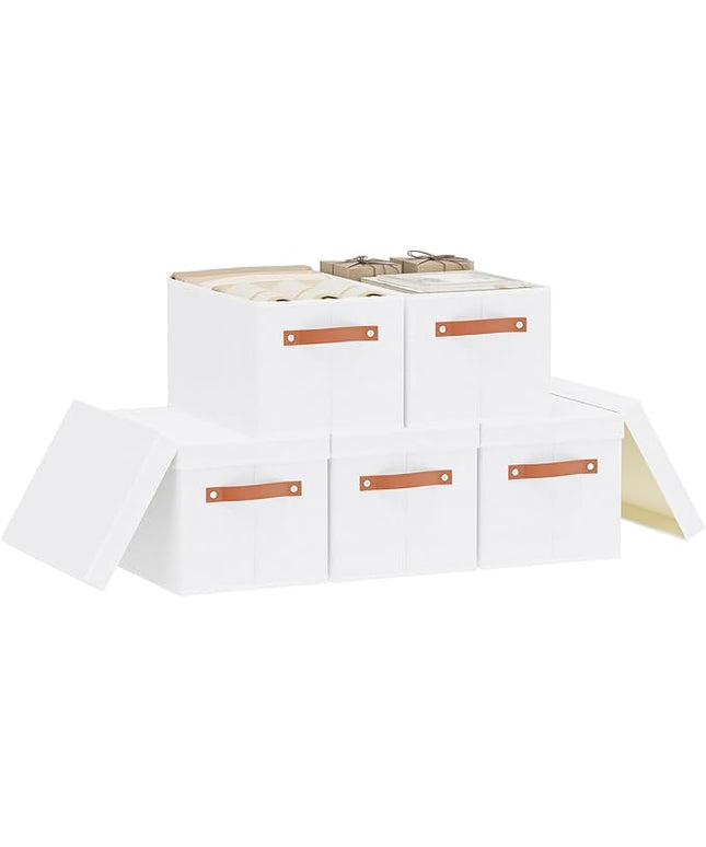 Storage Boxes with Lids, 15 x 9.8 x 8.3 Inch Storage Baskets for Shelves, Decorative Closet Organizers with Handles, White, 5-Pack