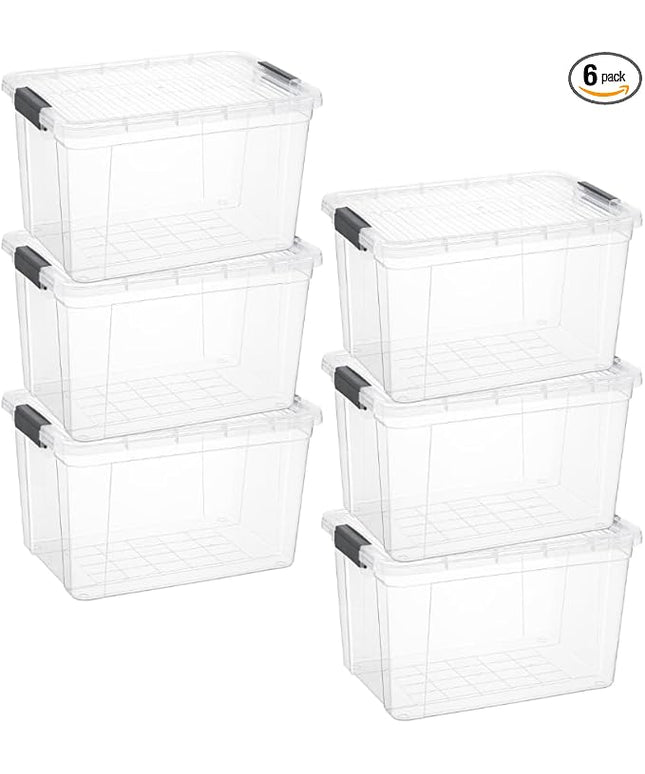 Superio Storage Bins with Lids- Clear Boxes for Organizing, Stackable Plastic Containers- BPA Free, Non-Toxic, Odor Free, Organizer for Home, Office, Dorm (6 Pack, 14.25 Qt)