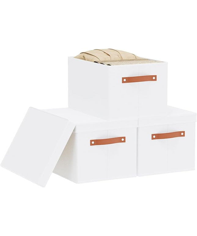 3 Pack Storage Boxes with Lids, Storage Baskets for Shelves, Decorative Linen Closet Organizers with Handles, White, 16.5 x 11.8 x 10.2 Inch