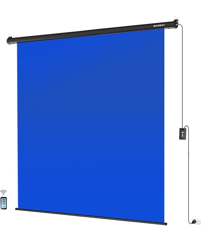 RAUBAY Motorized Pull Down Blue Screen - 78.7" x 86.6" Collapsible Wall-Mount Background for Professional Video Production, Chroma Key Backdrop for YouTube, TikTok, Streaming, Video Conferencing