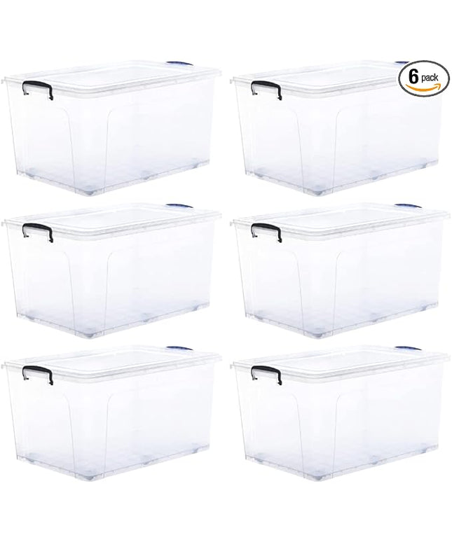 Superio Storage Bins with Lids- Clear Boxes for Organizing, Stackable Plastic Containers- BPA Free, Non-Toxic, Odor Free, Organizer for Home, Office, Dorm (6 Pack, 85 Qt (Wheeled))