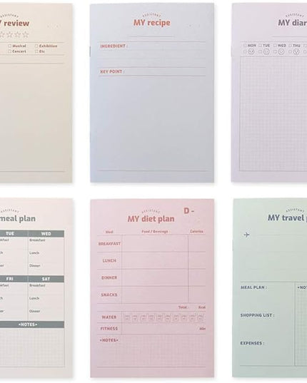 Monolike A5 My Assistant Notebook 6 SET - A Type, Review Note, Reipe Note, Diary, Meal Plan, Diet Plan, Travel Plan