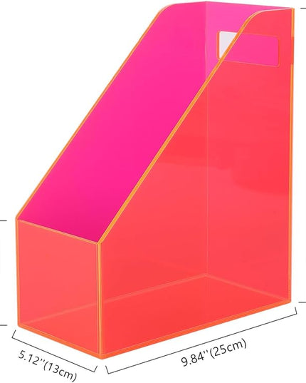 Acrylic Magazine Rack Desk File Holder Organizer for Office Desktop Vertical Magazine Storage Box, 12 x 10 x 5'', Neon Pink