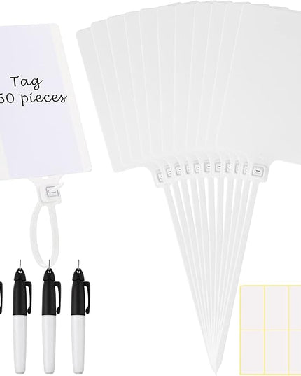Pajean Waterproof Plastic Tags with Marker Pens and Sticker Labels, Self Locking Bag Writable Tags with Wire Cable Ties for Luggage(White,50 Pieces)