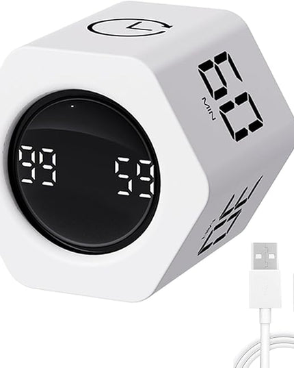 Productivity Timer Flip Gravity Sensor Pomodoro Cube Timer Countdown & Countup,1/5/10/30/60min Preset & Custom Timing, Mute/Vibrate/Sound for ADHD,Work,Study,Kitchen(1, White Hexagon)